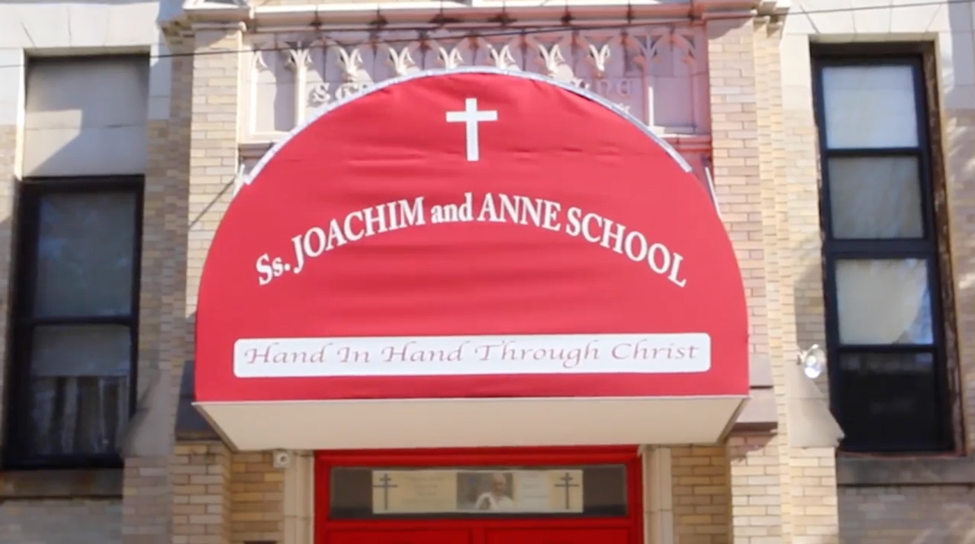 school awning and front doors video still